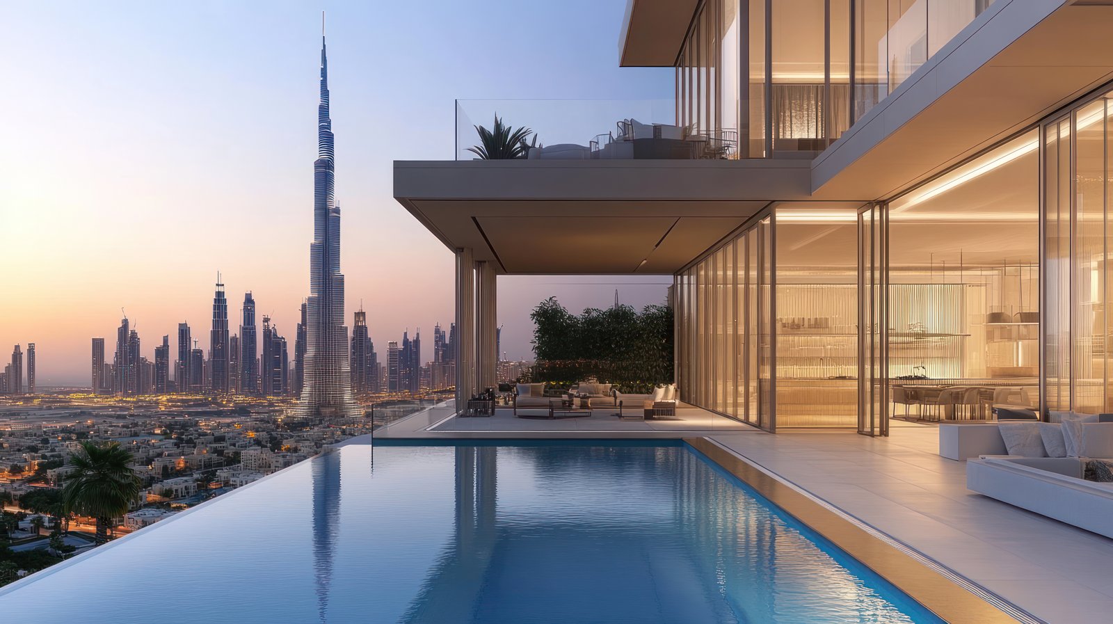 Close up view of Modern luxury apartment architecture, stylish penthouse apartment with large balcony and swimming pool, city skyline view with skyscrapers at sunset, Ai generated image