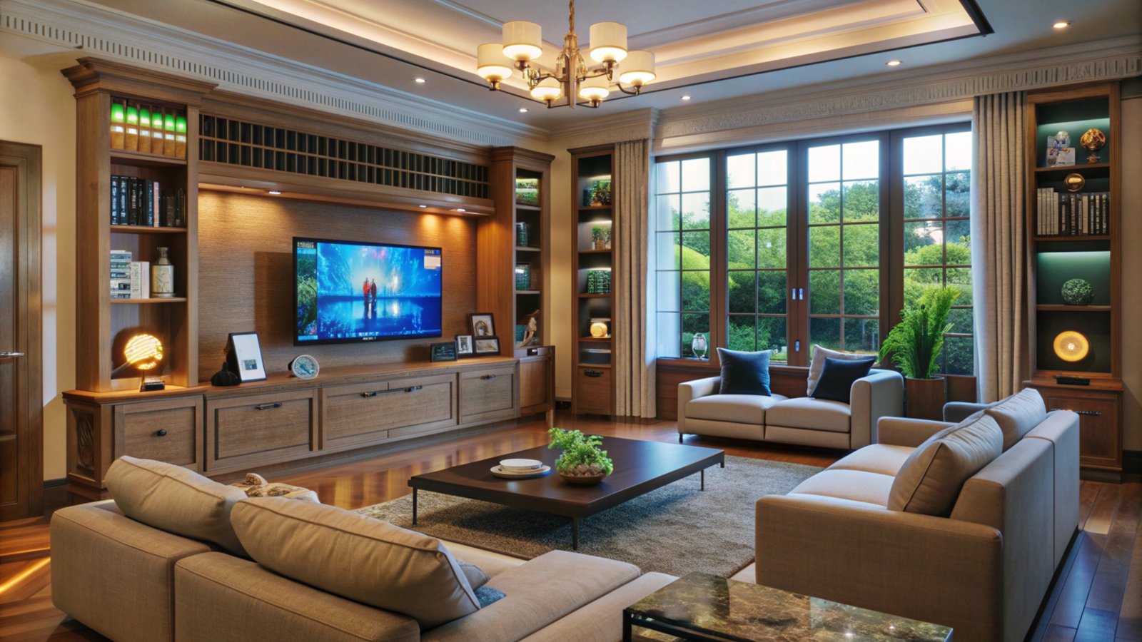 Modern living room with large windows and comfortable furniture.